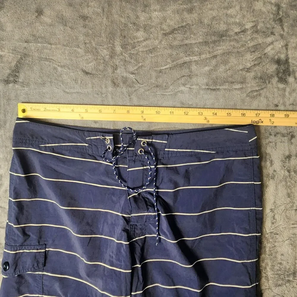 J. Crew Men Board Shorts Swim Trunks Navy Blue White Striped Cargo Pocket‎